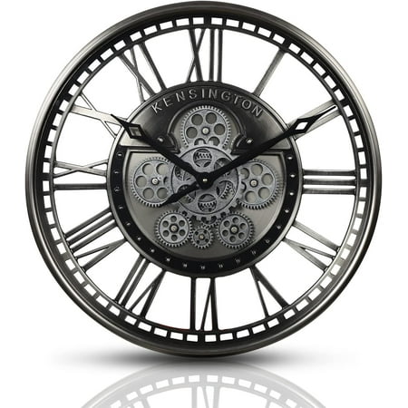 Modern Moving Gears Wall Clock for Living Room Decor,Industrial Steampunk Unique Wall Art Clocks for Farmhouse Home Decor,Roman Numerals Silent Wall Clock,Gunmetal Nickel (21 Inch)