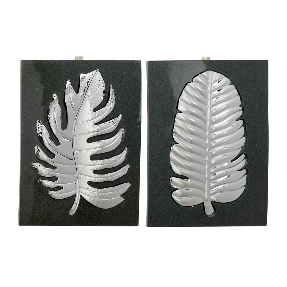 Modern Style Rectangular Metallic Silver Metal Leaf Wall Decor Plaques 13.5 in....