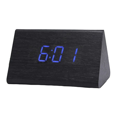 Modern Triangle LED Wooden Alarm Clock Classical Digital Sound Control Desk Clock Thermometer (Black Wood and Blue Light)