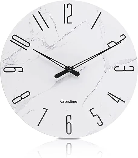 Modern Wall Clock 12 Inch - Glass Wall Clocks Battery Operated Silent Non-Ticking for Bathroom Living Room Kitchen Decor,Marble White