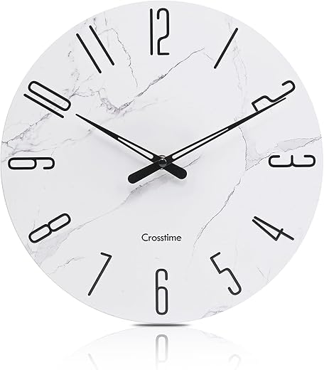 Modern Wall Clock 12 Inch - Glass Wall Clocks Battery Operated Silent Non-Ticking for Bathroom Living Room Kitchen Decor,Marble White