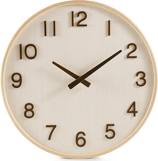 Modern Wall Clock, 12 Inch Wood Kitchen Accessories and Decor, Battery Operated Decorative Silent Clocks for Living Room/Bedroom/Bathroom/Office, White and Beige