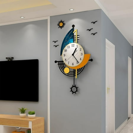 Modern Wall Clock Battery Operated 30 Inch Large Boat Design Pendulum Wall Clocks for Living Room Decor 3D Silent Clock Wall Decor Sticker Non Ticking for Bedroom Office Home Kitchen Decoration