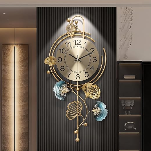 Modern Wall Clock for Living Room,Large Gold Decorative Wall Clock,Digital Leaf Creative Silent Clock Battery Operated for Kitchen/Entryway/Bedroom/Office/Dinning Room Metal Wall Decor