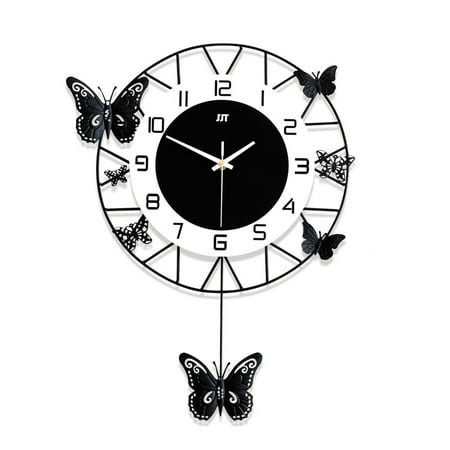 Modern Wall Clock, Large Iron Craft Butterfly Decorative Clock Battery Operated Analog Quartz Silent Wall Clock with Metal Pointer for Living Room Decor Black