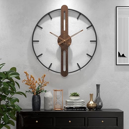 Modern Walnut Dial Wall Clock, Wood Large Wall Clock Decor Metal Frame Silent Non Ticking for Living Room, Bedroom, Kitchen, Study Decoration, Handmade Home Present Idea, 20 in （50 cm）