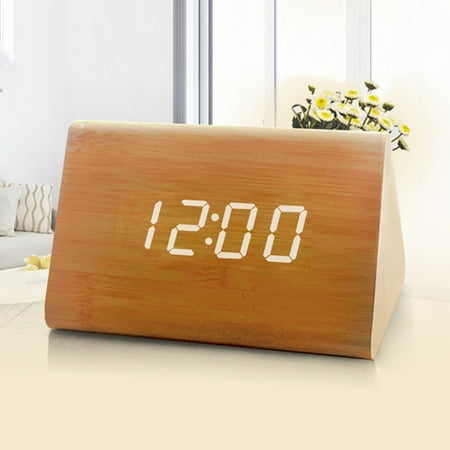 Modern Wooden LED Digital Clock Cube Triangular Prism Retro Watch Bedside Voice Control Smart Alarm Clocks Desktop Decorations