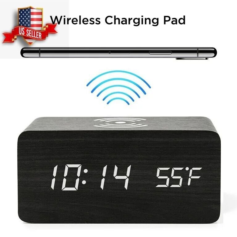 Modern Wooden Wood Digital LED Desk Alarm Clock Thermometer Qi Wireless Charger