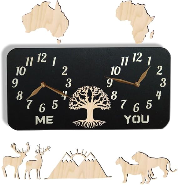 monastar Dual Time Zone Wall Clock with Deer Family, City/State/Country Sign, World Time Clock, Wall Art Décor, Wooden Big Clock