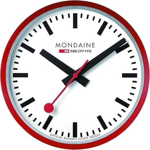 Mondaine - Wall Clock A990.Clock.11SBC 25cm - Official Swiss Railways Clock - Red Second Hand Red Aluminium Casing - Dust Resistant Wall Clocks - Made in Switzerland