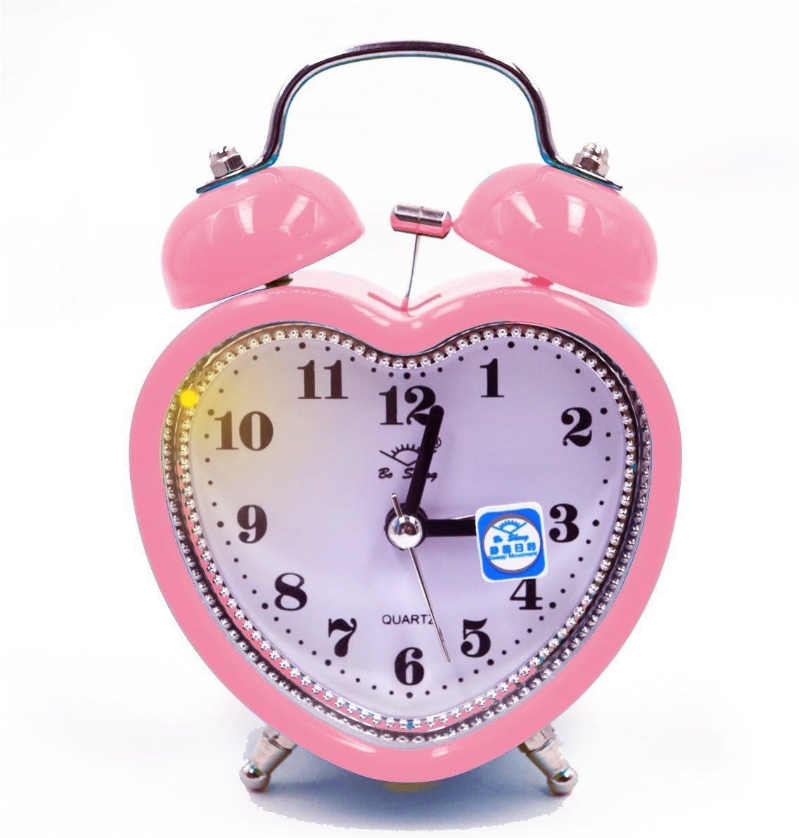 Monique Students Seniors 3in Twin Bell Loud Alarm ,Silent Analog Quartz Nightlight Clock Battery Operated for Heavy Sleepers Heart Shape Pink