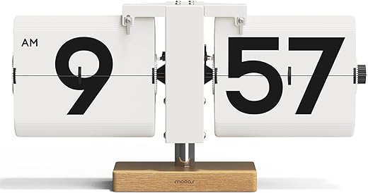 mooas Classic Modern Wood Big Flip Desk Clock (White), Retro Vintage Analog Design Auto Flip Clock Table Clock Large Number Battery Powered, Ideal for Home Office School Hotel Café