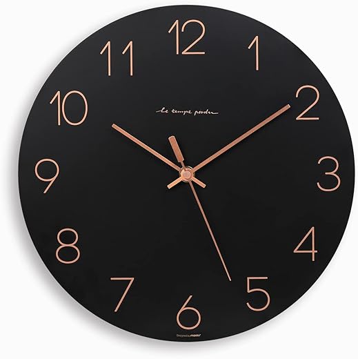 mooas Flatwood Wall Clock,12 Wood Wall Clock Non-Ticking Sweep Movement Decorative Wall Clock Battery Operated Wall Clock for Home Living Room Kitchen Bedroom Office School (Black)