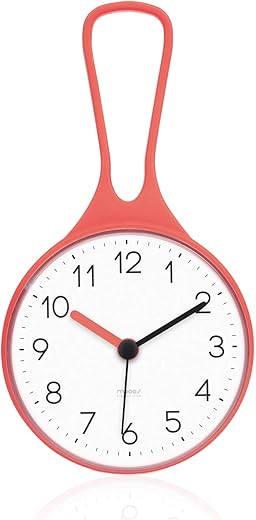 mooas Loop Bathroom Clock, Shower Clock, Waterproof Shower Clock, Hanging Clock with Hook, Waterproof Shower Clock, Kitchen Clock, Non-Ticking Battery Operated (Orange)