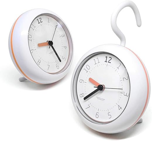 mooas Silent Waterproof Clock (Orange), 3 Types, Bathroom, Shower, Indoor Outdoor, Hanging, Kitchen, 5 x 2 inches, Battery Operated