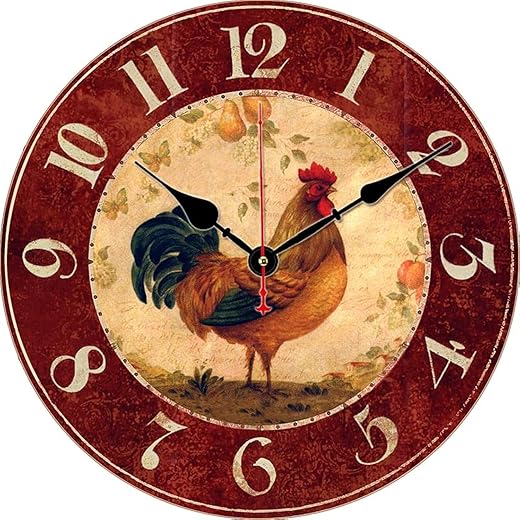 Moonluna 12 Inch Retro Wall Clock,Vintage Farmhouse Rooster Kitchen Decor Wall Clock,Silent Non-Ticking Battery Operated Round Wood Wall Clock Decorative Hanging Wall Clock