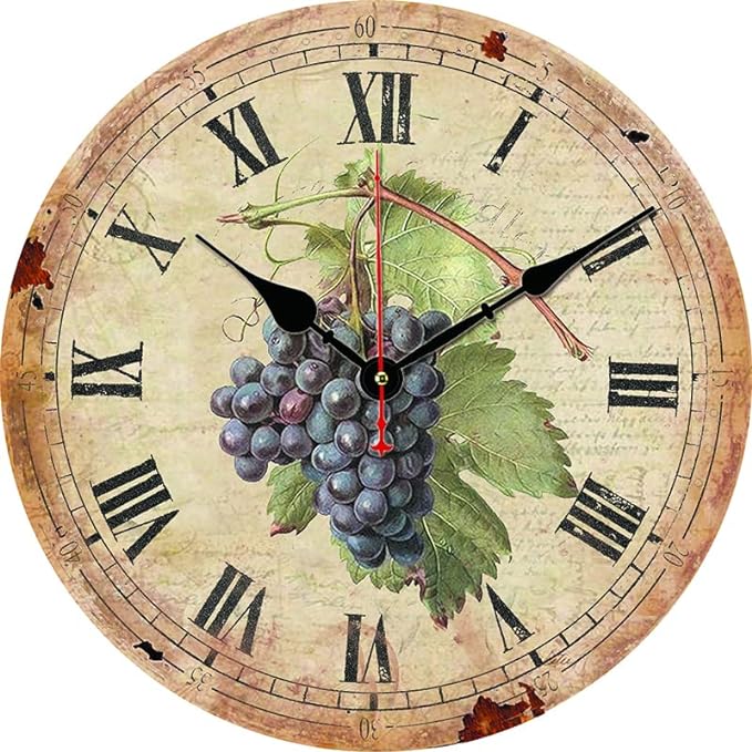 Moonluna Round Grape Farmhouse Wall Clock Battery Operated 12 Inch Decorative Wood Style Quartz Rustic Home Decor Retro Design for Living Room Kitchen Bedroom Bathroom Large Numbers Silent