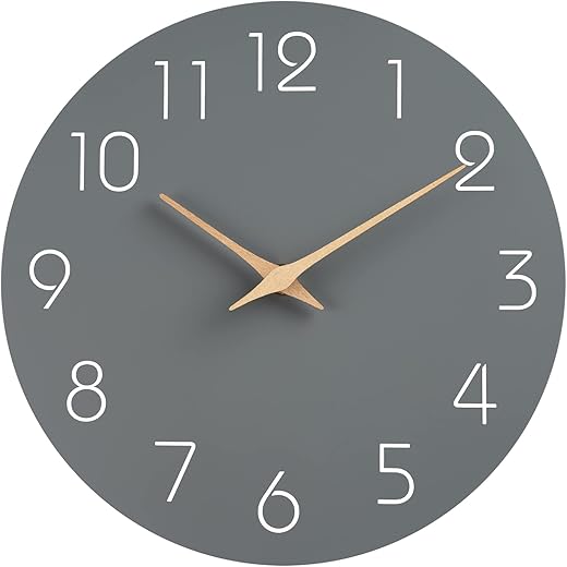 Mosewa Silent Non-Ticking Wall Clock Decorative for Kitchen, Bedroom, Bathroom, Office, Living Room, Battery Operated - 10 Inch Wood Modern Simple (Gray)