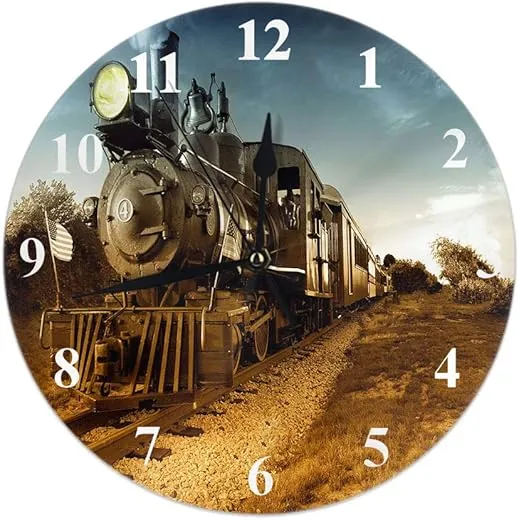 Moslion Train Clock Vintage Steam Engine Locomotive Train Moving Down Railroad Track Towards Camera Round Wall Clock Slient Non Ticking Rustic Home Decor 10 Inch for Kitchen Bathroom Office Brown Blue