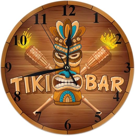 Moslion Tribal Clock Word Tiki Bar Wooden Bamboo Torch Circle Round Wall Clock Slient Non Ticking Rustic Home Decor 10 Inch for Kitchen Bathroom Office Brown White