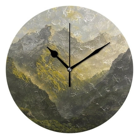 Mountains with Forest Sunbeam Oil Painting Wall Clock Battery Operated Round Clock Black Pointer No Numbers Home Decor for Living Room Bedroom 9.84 Diameter