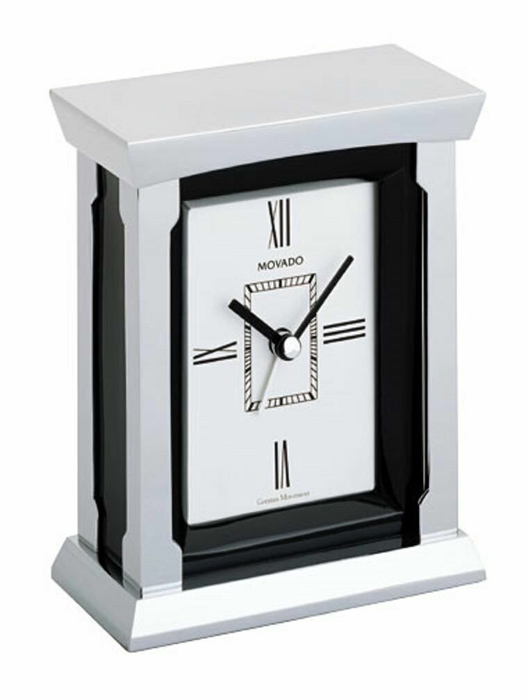 Movado silver TRADITIONAL SQUARE DESK TABLE or MANTEL carriage CLOCK w/alarm