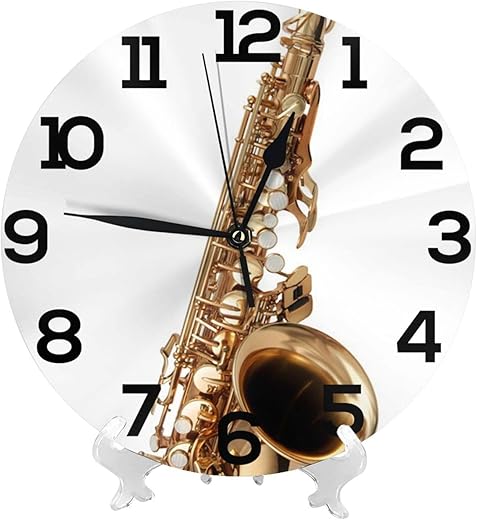 MUKJHOI 10 Inch Wall Clocks Multicolor Battery Operated Silent NonTicking Decorative Modern Round Golden Saxophone Office/Kitchen/Bedroom/Bathroom/Gym