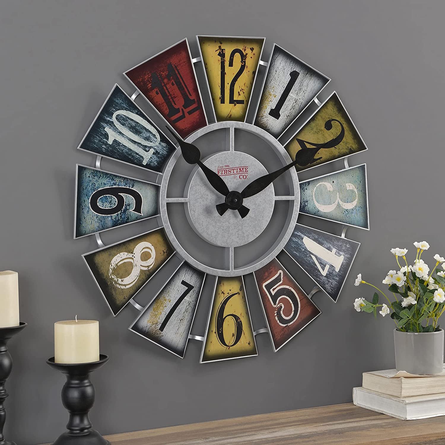 Multicolor Numeral Windmill Wall Clock, Large Vintage Decor for Living Room, Hom