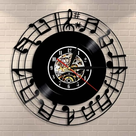 Musical Notes Clef Music Studio Vinyl Wall Clock,Vinyl Record Clock Wall Art Black Handmade Art Home Unique Gift idea