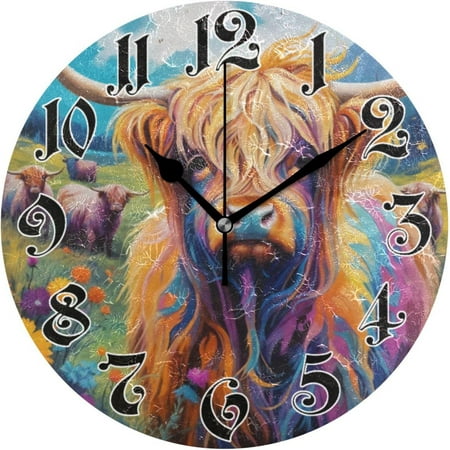 Myst Design Wall Clock - Silent Non-Ticking, Battery Operated, 10 Inch Colorful Highland Cattle Clock Decorative for Home, Bedroom, Living Room - Modern Wall Clock