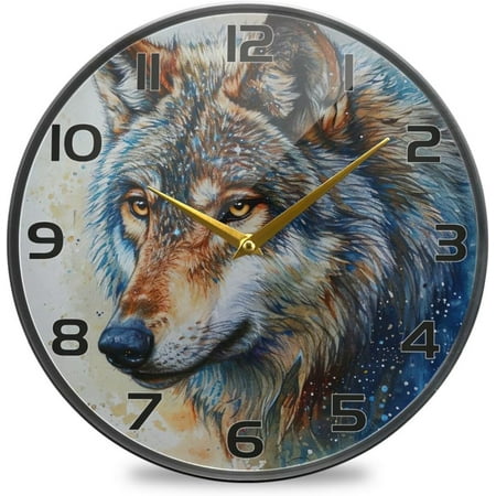 Myst Design Watercolor Wolf Head Round Wall Clock, Home Creative Clock, 9.5 Inch Silent Wall Clock for Home, Bedroom, Living Roomation