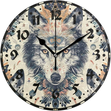 Myst Design Wolf Totem Pattern Wall Clock, Silent Non Ticking 10 Inch Battery Operated Wall Clocks, Easy to Read Clock for Home Kitchen Living Room Bathroom Office Decor