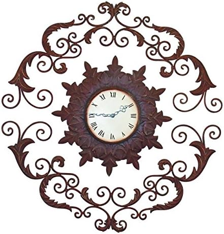 MY SWANKY HOME Scroll Medallion Wrought Iron Wall Clock Open Metal Brown Ornate Floating Dial