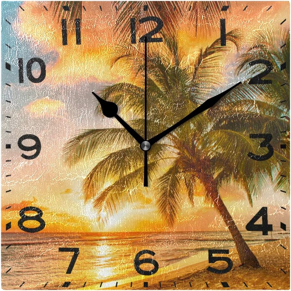 Naanle 3D Beautiful Summer Sunset Beach Palm Tree Square Wall Clock Decorative, 8 Inch Battery Operated Quartz Analog Quiet Desk Clock for Home,Office,School