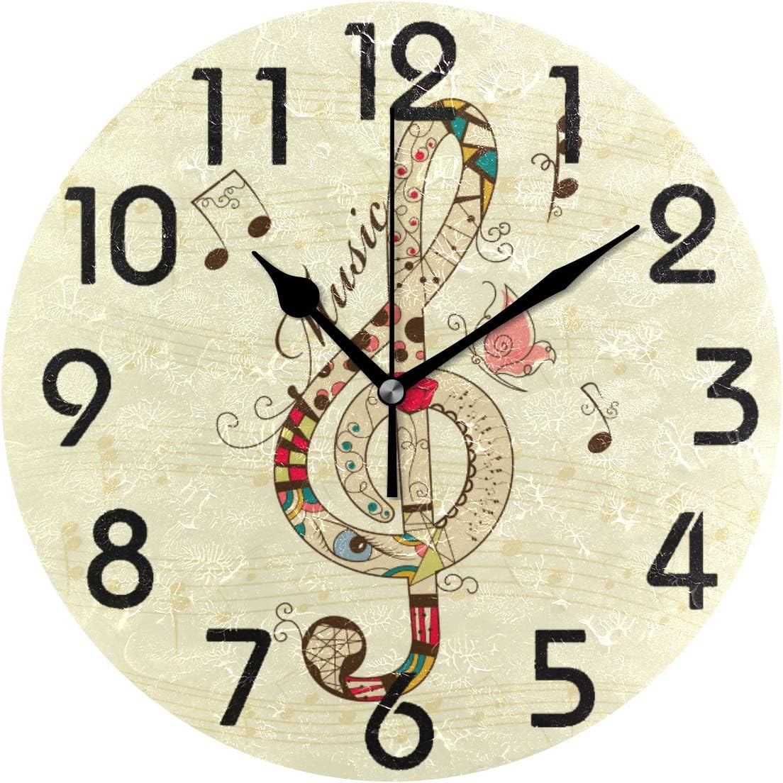 Naanle Chic Treble Clef Pattern Musical Note Print Round Wall Clock, 9.5 Inch Battery Operated Quartz Analog Quiet Desk Clock for Home,Office,School