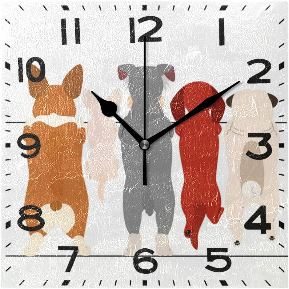 Naanle Cute Cartoon Dogs Pattern Square Wall Clock, 8 Inch Battery Operated Quartz Analog Quiet Desk Clock for Home,Office,School