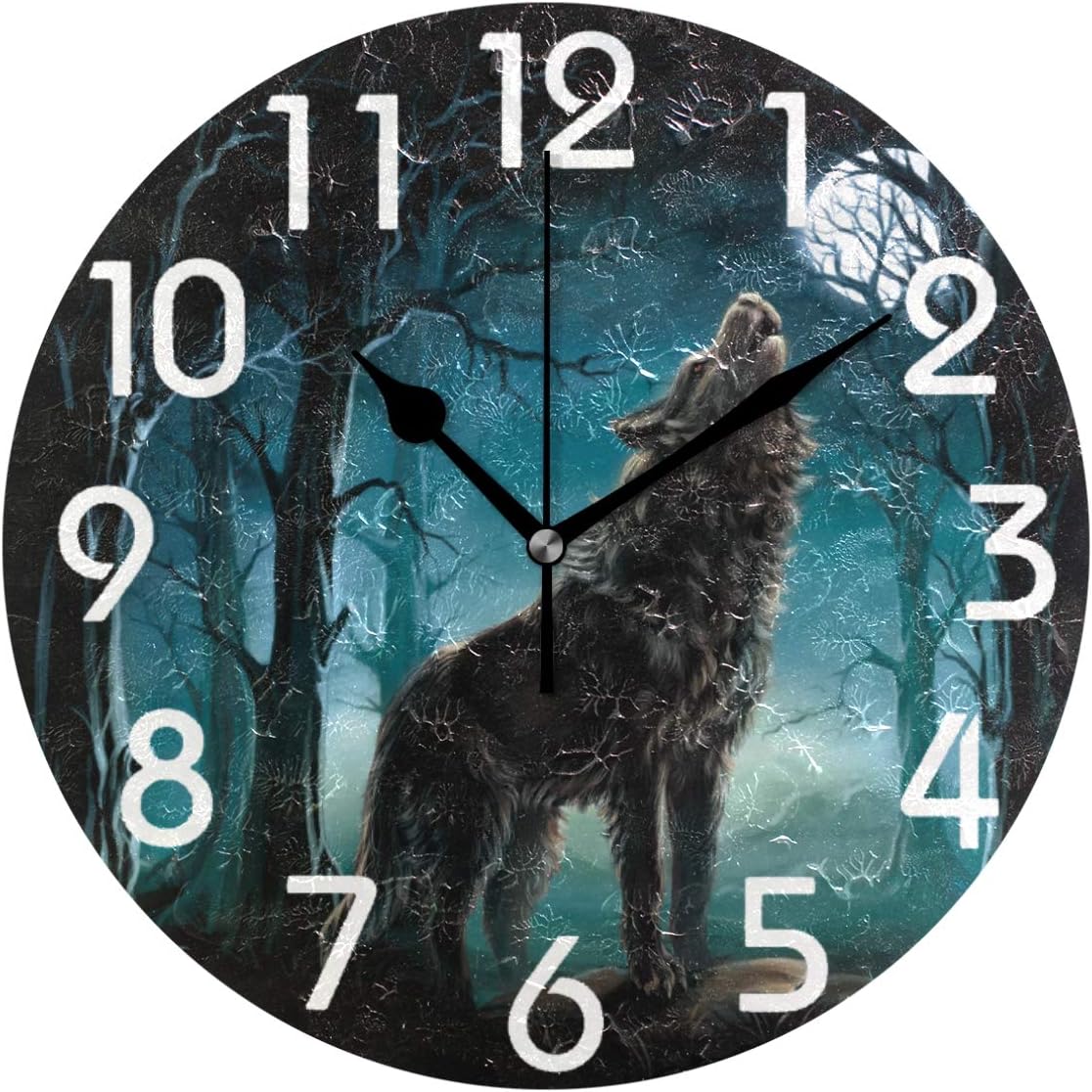 Naanle Horrible Night Roaring Wolf Print Round Wall Clock, 9.5 Inch Battery Operated Quartz Analog Quiet Desk Clock for Home,Office,School