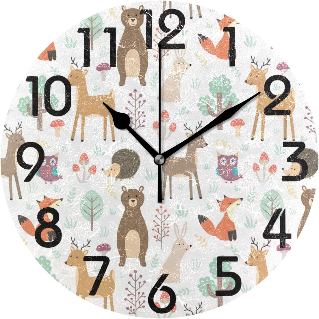 Naanle Lovely Cute Cartoon Forest Animal Deer Fox Bear Owl Pattern Round Wall Clock Decorative, 9.5 Inch Battery Operated Quartz Analog Quiet Desk Clock for Home,Office,School