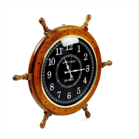 Nagina International 18 Black Dial Wooden Ship Wheel Clock | Wood Wall Decor Antique Time Hanging Clock