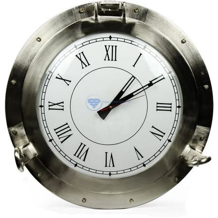 Nagina International 20 Large Aluminum Brushed Nickel Plated Metal Wall Clock | Nautical Porthole Clock