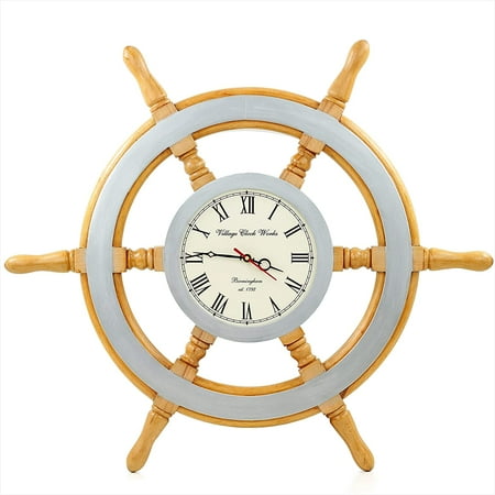 Nagina International 26 Elegant Silver Lined Nautical Ship Wheel with Time's Clock - Home Decor