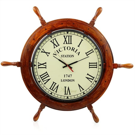 Nagina International 30 Nautical Ship Wheel Cardamom Green Dial Victoria Station 1747 London | Vintage Colonial Style Wall Hanging Decor & Clock | Ocean Gifts Ideas