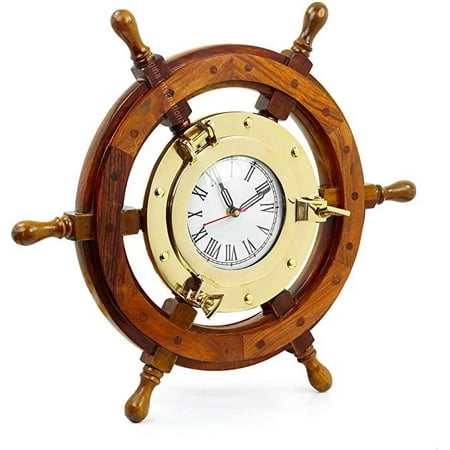 Nagina International Nautical 18 Ship Wheel Brass Porthole Wall Clock