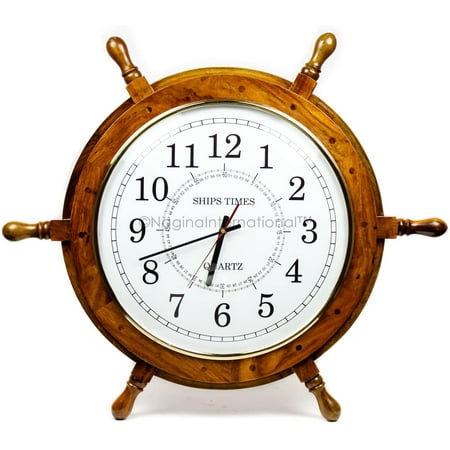 Nagina International Nautical Moon Light Blue Large Wooden Ship Wheel with Ship's Time Captain's Clock - Pirate Home Decorative Clock (18 Inches, White Dial Face)