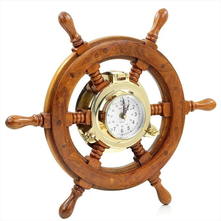 Nagina International Nautical Premium Wide Brass Porthole Ship Wheel Clock | Wall Hanging | Numerals | Vintage Gift (42 Inches)