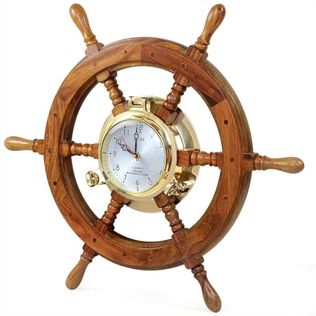 Nagina International Nautical Solid Wood Captain' Vintage Decor Ship Wheel with Time Clock - Captain Maritime Beach Home Decor Gift (30 Inches