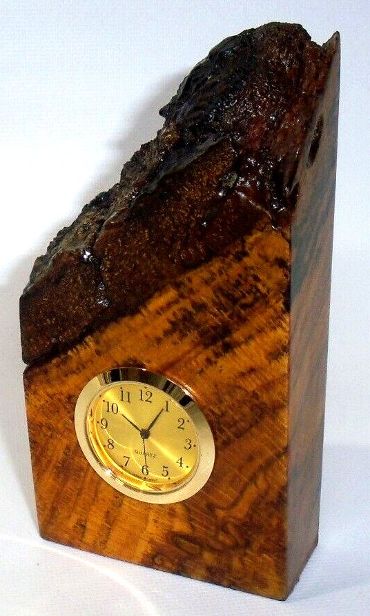 Natural Elm Burl Wood w/Goldtone Quartz Inset Desk Clock, Handmade 5.25” Tall