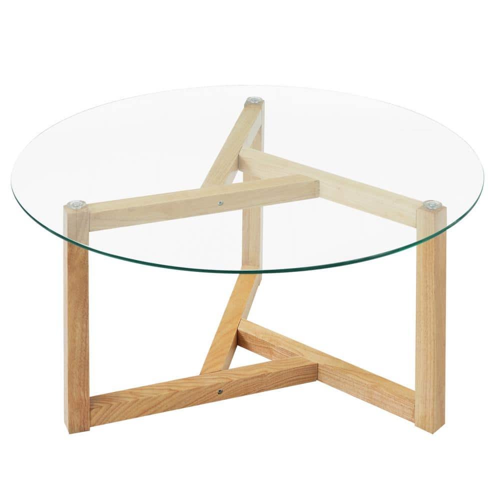 Natural Round Outdoor Coffee Table with Tempered Glass Top and Sturdy Wood...