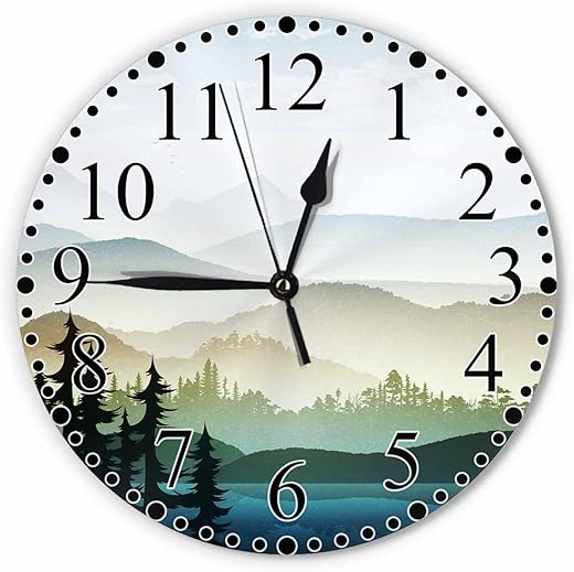 Nature Landscape Wall Clock Mountain and Lake Natures Hills, Tree in Rivers Clock 10 Inch Silent Non-Ticking Clocks Battery Operated for Home Living Laundry Room Kitchen Bedroom Office