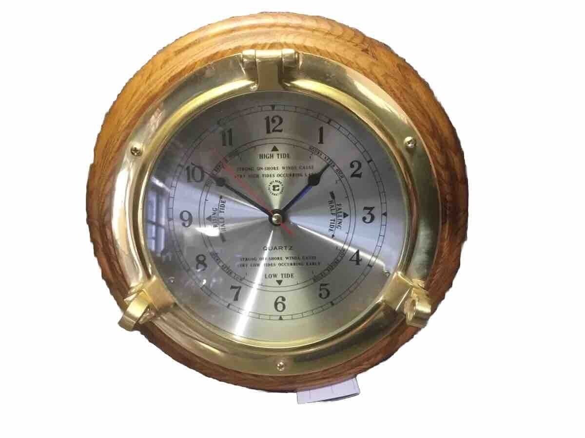 Nautical Brass Portable Tide And Time Quartz Clock On Oak Wood